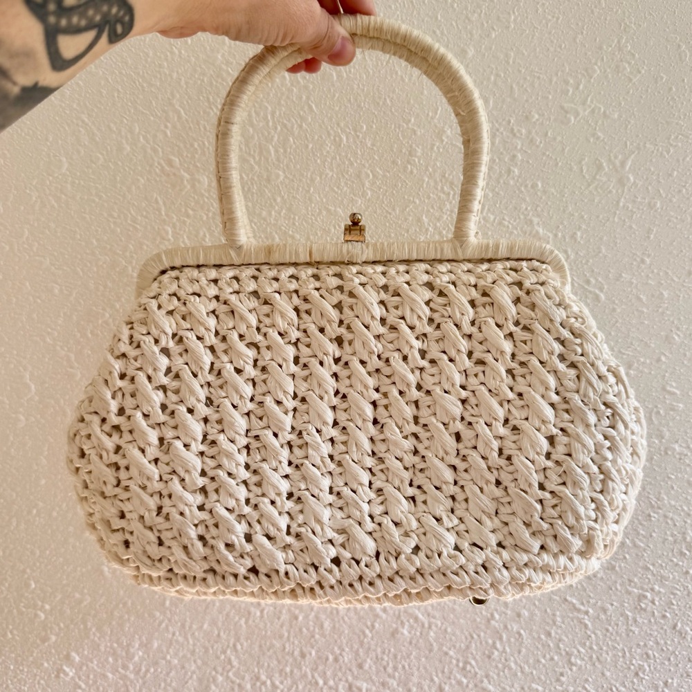 Vintage Joseph Horne Co Made in Italy Cream Woven Raffia Straw Top Handle Bag - Picture 3 of 9